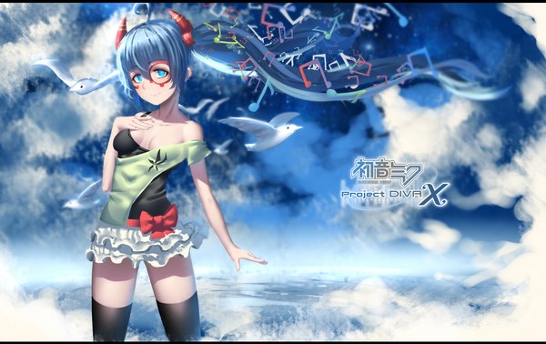 Anime picture 2345x1481 with project diva project diva x vocaloid hatsune miku hk (hak) single highres breasts blue eyes twintails blue hair sky cloud (clouds) very long hair letterboxed girl thighhighs dress hair ornament black thighhighs