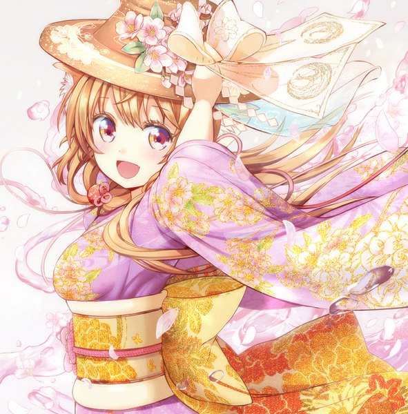 Anime picture 854x868 with original catbell single long hair tall image looking at viewer fringe open mouth blonde hair traditional clothes japanese clothes pink eyes wind floral print happy girl flower (flowers) bow ribbon (ribbons) petals