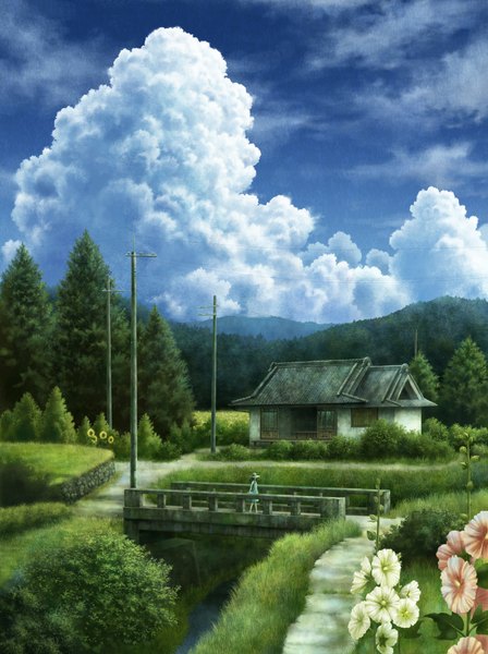 Anime picture 810x1084 with original fuumi (kazami) single tall image black hair sky cloud (clouds) landscape scenic stream girl dress flower (flowers) plant (plants) hat tree (trees) building (buildings) straw hat sunflower house