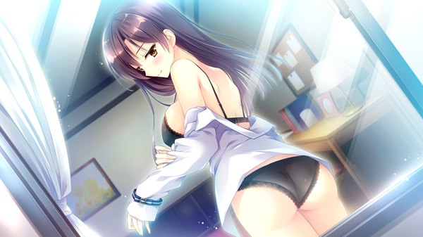 イラスト 2560x1440 と koi suru kimochi no kasanekata ensemble (studio) kaburagi yukie きみしま青 ソロ 長髪 赤面 highres おっぱい light erotic 黒髪 笑顔 wide image 大きな乳房 肩出し 黄色眼 looking away game cg 尻 dutch angle