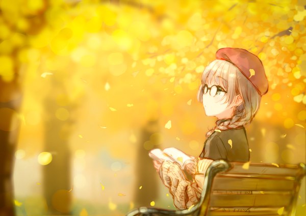 Anime picture 1000x707 with original hiten (hitenkei) single long hair blush fringe sitting holding green eyes braid (braids) wind grey hair blurry depth of field single braid looking up hair over shoulder autumn girl plant (plants)