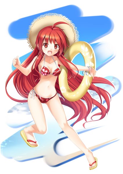 Anime picture 1060x1500 with original gen (whiteline) single long hair tall image looking at viewer blush open mouth red eyes ahoge red hair nail polish red nail polish girl navel swimsuit hat bikini straw hat swim ring