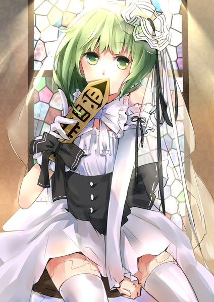 Anime picture 2480x3507 with touhou shikieiki yamaxanadu benghuai 7 single tall image highres short hair bare shoulders green eyes green hair zettai ryouiki girl thighhighs dress hair ornament white thighhighs wedding dress rod of remorse