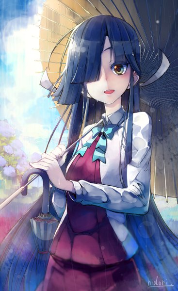 Anime picture 1530x2500 with kantai collection hayashimo destroyer nichi doriimu single long hair tall image looking at viewer blush fringe open mouth black hair smile standing holding brown eyes signed sky cloud (clouds) ahoge blunt bangs