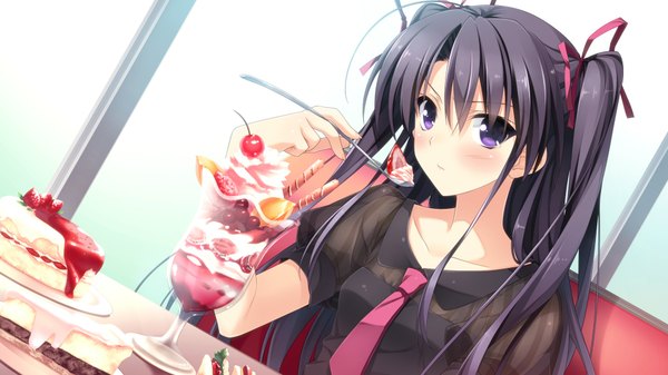 Anime picture 1920x1080 with berry's morikubo yuna suzuhira hiro single long hair looking at viewer blush highres black hair wide image white background purple eyes game cg two side up girl ribbon (ribbons) hair ribbon necktie food sweets
