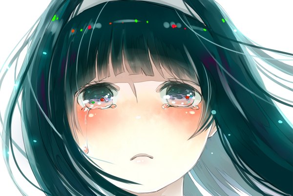 Anime picture 1500x1006 with wakuraba (artist) single long hair blush fringe aqua eyes aqua hair tears face crying sad girl hairband