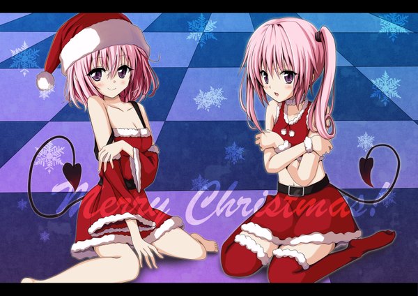 Anime picture 3508x2480 with toloveru toloveru darkness xebec momo velia deviluke nana asta deviluke guhua67 blush highres short hair smile purple eyes multiple girls pink hair absurdres tail fur trim christmas letterboxed checkered floor girl