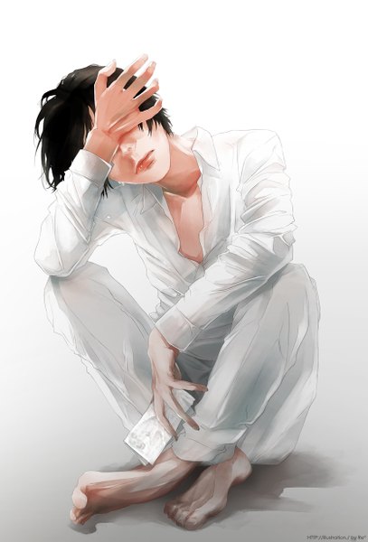 Anime picture 836x1233 with original re (artist) single tall image short hair black hair simple background white background sitting barefoot tears crying partially open clothes covering eye (eyes) boy shirt white shirt paper