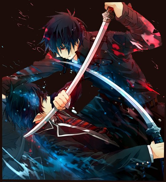 Anime picture 1024x1126 with ao no exorcist a-1 pictures okumura rin night (ao no exorcist) tall image short hair blue eyes black hair simple background red eyes sitting holding blue hair lying pointy ears black background framed battle boy uniform