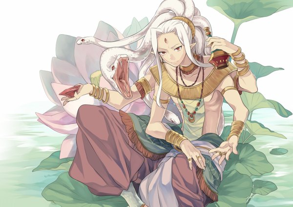 Anime picture 1500x1062 with original niwatorisann red eyes sitting brown eyes white hair ponytail traditional clothes pointy ears orange eyes boy plant (plants) earrings water bracelet pendant ring cup snake hands