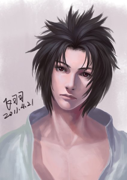 Anime picture 1060x1500 with naruto studio pierrot naruto (series) uchiha sasuke piaoluo de fei yu single tall image looking at viewer short hair black hair simple background brown eyes signed portrait face open collar spiked hair boy