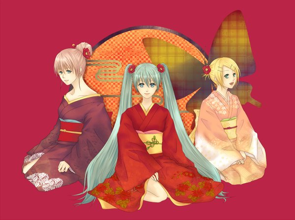 Anime picture 1842x1381 with vocaloid hatsune miku megurine luka kagamine rin highres japanese clothes red background girl kimono