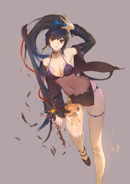 Anime picture 3507x4960 with original sunshine (1638509769) single long hair tall image highres breasts light erotic black hair simple background brown eyes looking away absurdres bent knee (knees) ponytail arm up off shoulder grey background open jacket tattoo