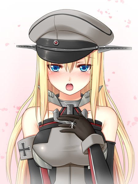 Anime picture 1536x2048 with kantai collection bismarck battleship dotera-otoko single long hair tall image looking at viewer blush open mouth blue eyes blonde hair bare shoulders girl gloves petals elbow gloves ring peaked cap