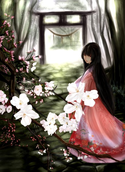 Anime picture 1250x1720 with original jiro (artist) single long hair tall image highres black hair red eyes japanese clothes lips realistic cherry blossoms girl flower (flowers) plant (plants) tree (trees) kimono torii