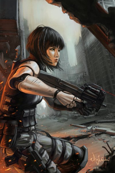 Anime picture 667x1000 with poibuts single tall image short hair black hair green eyes profile lips city cityscape mechanical post-apocalyptic girl weapon gun assault rifle