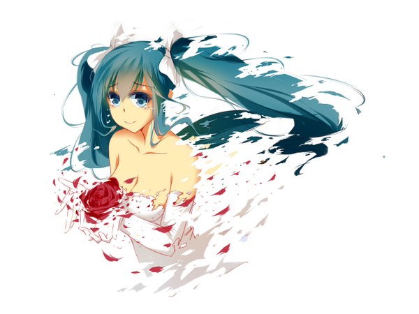 Anime picture 1336x1004 with vocaloid hatsune miku qingchen single long hair fringe breasts simple background smile hair between eyes white background twintails bare shoulders holding looking away cleavage aqua eyes aqua hair tears torn clothes