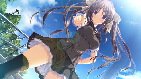 Anime picture 1280x720 with chrono clock andou misaki koku single long hair looking at viewer blush brown hair wide image purple eyes twintails game cg sky cloud (clouds) girl thighhighs skirt uniform bow black thighhighs