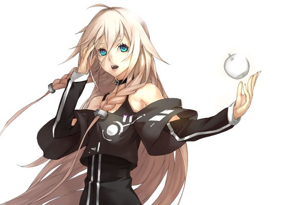 Anime picture 1200x800 with vocaloid ia (vocaloid) yucca-612 (neco) single looking at viewer open mouth blue eyes blonde hair simple background white background braid (braids) very long hair aqua eyes transparent girl choker apple