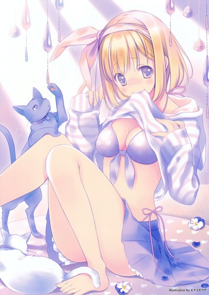 Anime picture 2472x3500 with original hinayuki usa single tall image looking at viewer blush highres short hair light erotic blonde hair purple eyes holding barefoot scan mouth hold knees together feet apart girl skirt flower (flowers) animal