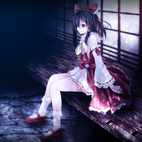 Anime picture 1500x1500 with touhou hakurei reimu s-syogo single short hair black hair sitting brown eyes girl socks white socks bench