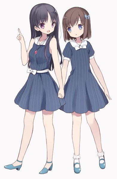 Anime picture 1307x2000 with saki onjouji toki shimizudani ryuuka itsumi (itumiyuo) long hair tall image short hair blue eyes black hair simple background brown hair white background purple eyes multiple girls looking away full body holding hands eye contact girl dress