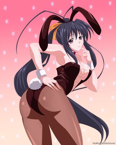 Anime picture 2000x2500 with highschool dxd himejima akeno isseiart single tall image blush highres light erotic black hair bare shoulders animal ears cleavage ahoge ponytail tail very long hair animal tail pink eyes looking back bunny ears