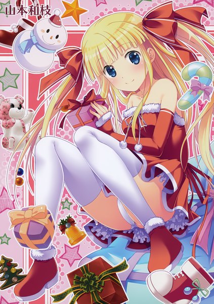 Anime picture 2819x4000 with melonbooks yamamoto kazue single long hair tall image looking at viewer blush highres blue eyes light erotic blonde hair twintails scan christmas girl thighhighs dress underwear panties bow