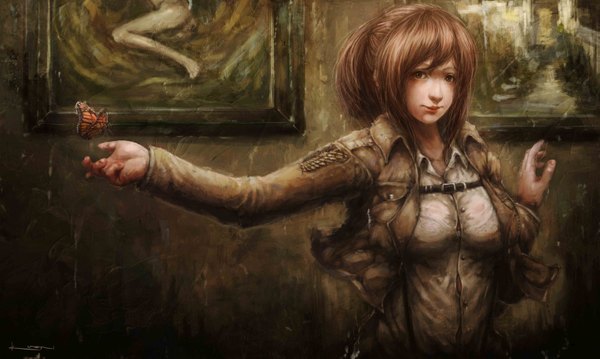 Anime picture 6106x3661 with shingeki no kyojin production i.g sasha blouse kuon (kwonchanji) single long hair looking at viewer highres brown hair wide image brown eyes absurdres realistic open clothes open jacket girl jacket insect butterfly picture
