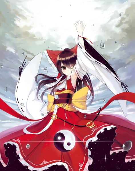 Anime picture 1500x1900 with touhou hakurei reimu feng ze fightpower single long hair tall image black hair red eyes one eye closed wink miko girl bow hair bow detached sleeves obi