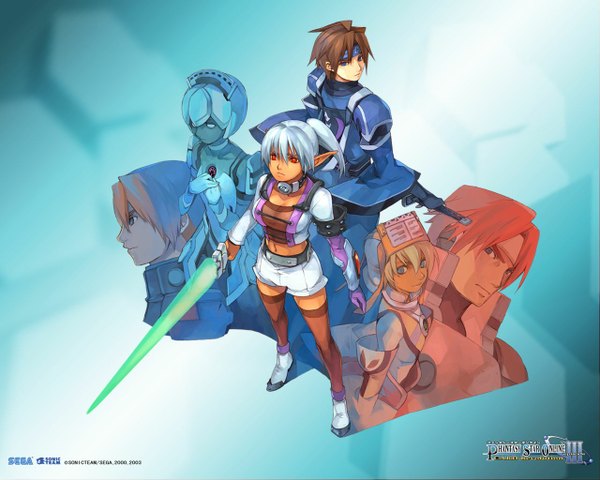 Anime picture 1280x1024 with phantasy star phantasy star online sega blue eyes red eyes brown hair signed white hair ponytail looking back pointy ears zettai ryouiki dark skin group back to back girl thighhighs boy weapon sword