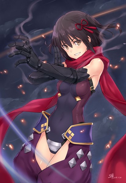 Anime picture 880x1280 with fate (series) kantai collection fate/grand order sendai light cruiser katou danzou (fate) dan (kumadan) single tall image looking at viewer fringe short hair breasts light erotic black hair smile hair between eyes standing bare shoulders brown eyes signed