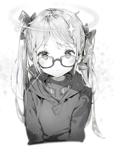Anime picture 983x1280 with anmi single long hair tall image looking at viewer blush fringe blonde hair twintails monochrome close-up girl bow hair bow glasses jacket
