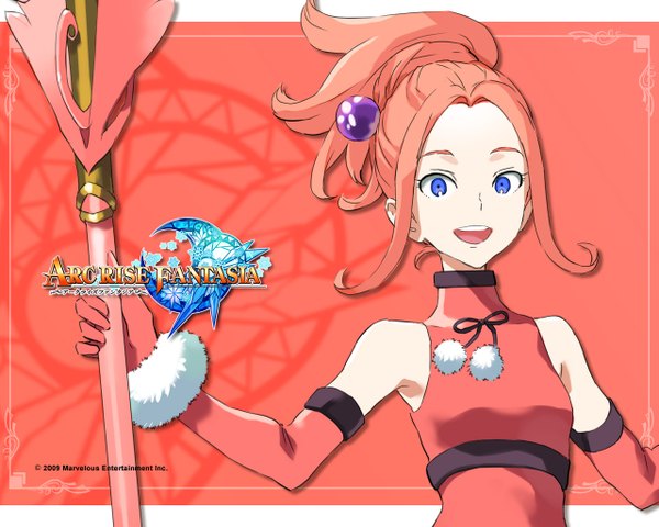 Anime picture 1280x1024 with arc rise fantasia single long hair looking at viewer open mouth simple background bare shoulders pink hair inscription girl gloves hair ornament weapon detached sleeves elbow gloves hair tie hair bobbles