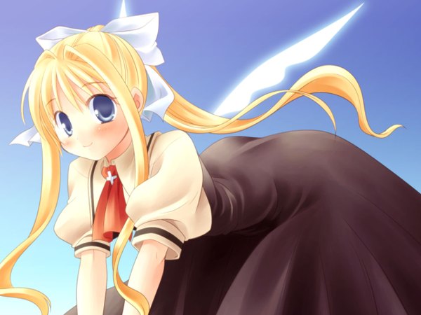 Anime picture 1280x960 with air key (studio) kamio misuzu single long hair looking at viewer blush fringe blue eyes simple background blonde hair smile payot short sleeves girl dress bow hair bow wings cross