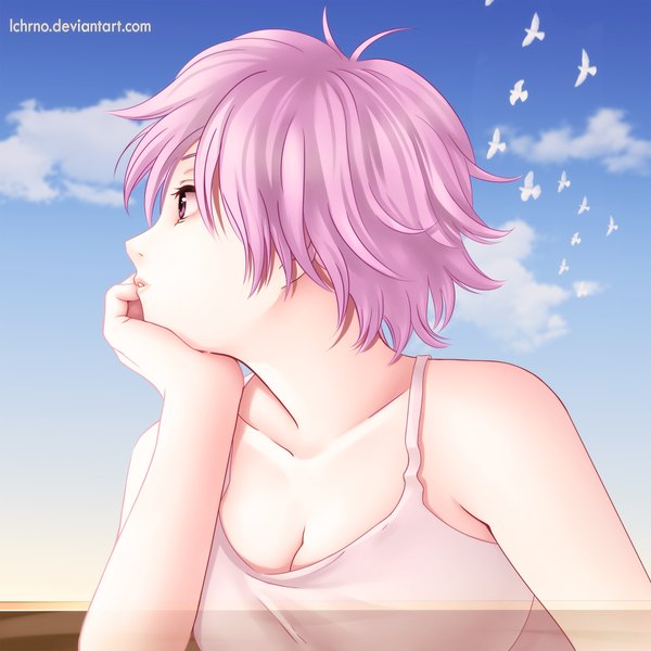 Anime picture 1800x1800 with itoshi no kana (manga) kana (itoshi no kana) lchrno tanaka yutaka single highres short hair pink hair sky cloud (clouds) profile pink eyes sleeveless girl animal bird (birds) t-shirt