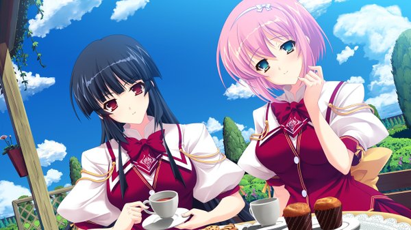 Anime picture 1280x720 with kimi wo aogi otome wa hime ni enatsu ayame takamine kana long hair short hair blue eyes black hair red eyes wide image multiple girls pink hair game cg girl 2 girls serafuku