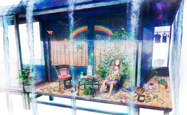 Anime picture 2427x1500 with original neyagi single long hair highres wide image sitting multicolored hair barefoot sleeping detailed girl plant (plants) water book (books) umbrella toy stuffed animal chair sundress