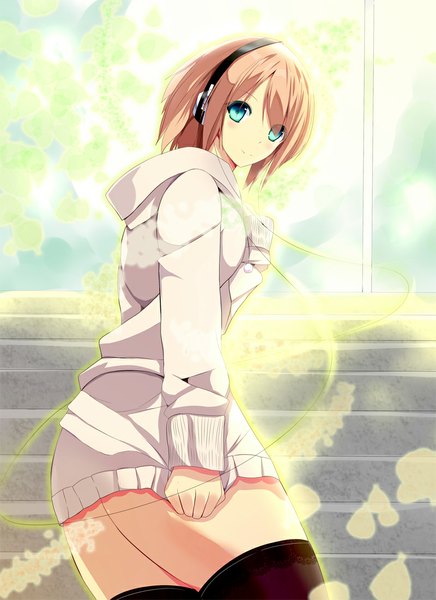 Anime picture 800x1100 with original daiaru single tall image looking at viewer blush short hair blue eyes blonde hair girl thighhighs black thighhighs headphones sweater
