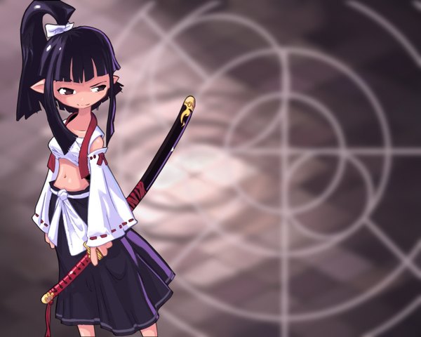 Anime picture 1280x1024 with disgaea ponytail loli sheathed samurai sword katana sheath