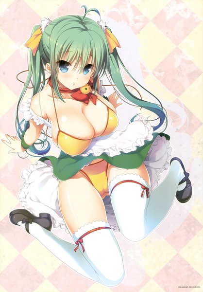 Anime picture 2649x3800 with melonbooks melon-chan nanase meruchi single long hair tall image looking at viewer blush highres breasts blue eyes light erotic large breasts twintails cleavage ahoge green hair scan official art girl