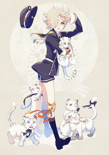 Anime picture 637x900 with touken ranbu nitroplus gokotai gokotai's tigers koyama rikako single tall image looking at viewer fringe short hair open mouth blonde hair holding yellow eyes full body hair over one eye grey background hat removed freckles salute