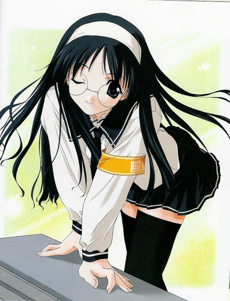 Anime picture 1147x1500 with happy lesson nanakorobi fumitsuki single long hair tall image looking at viewer black hair smile one eye closed wink black eyes scan girl thighhighs skirt uniform black thighhighs school uniform glasses hairband