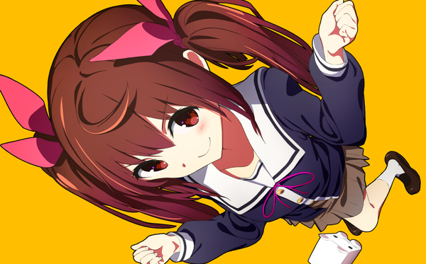 Anime picture 1448x901 with original fueru nattou single long hair blush fringe simple background smile hair between eyes red eyes brown hair wide image twintails ahoge from above yellow background girl skirt uniform bow