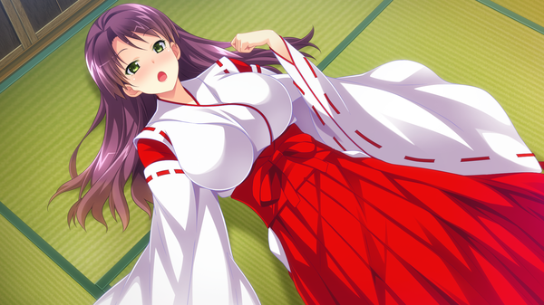Anime picture 1920x1080 with baka moe heart ni ai wo komete! single long hair blush highres open mouth wide image green eyes game cg purple hair traditional clothes miko girl