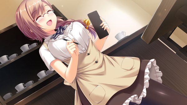 Anime picture 2560x1440 with jk trouble main"s nyan nyan (studio) serizawa hisa single long hair blush highres open mouth brown hair wide image game cg eyes closed girl dress glasses