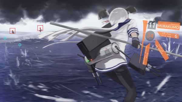 Anime picture 1748x984 with kantai collection murakumo destroyer epitaph (1122) single long hair highres wide image holding sky silver hair cloud (clouds) inscription tress ribbon battle girl gloves uniform ribbon (ribbons) weapon hair ribbon