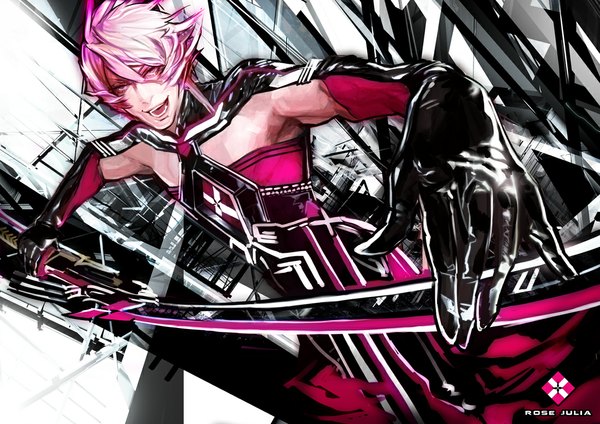 Anime picture 1100x778 with original gyuukon (ruyunika) single looking at viewer short hair open mouth pink hair pink eyes inscription boy gloves weapon sword