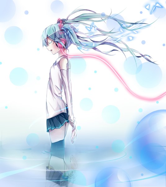 Anime picture 3116x3500 with vocaloid hatsune miku paparins (artist) single long hair tall image highres twintails blue hair absurdres eyes closed profile pleated skirt wind glowing reflection hands behind back girl thighhighs detached sleeves