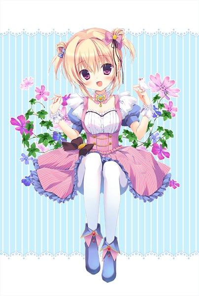 Anime picture 800x1186 with original miyasaka miyu single tall image blush short hair open mouth blonde hair purple eyes girl dress flower (flowers) bow hair bow pantyhose